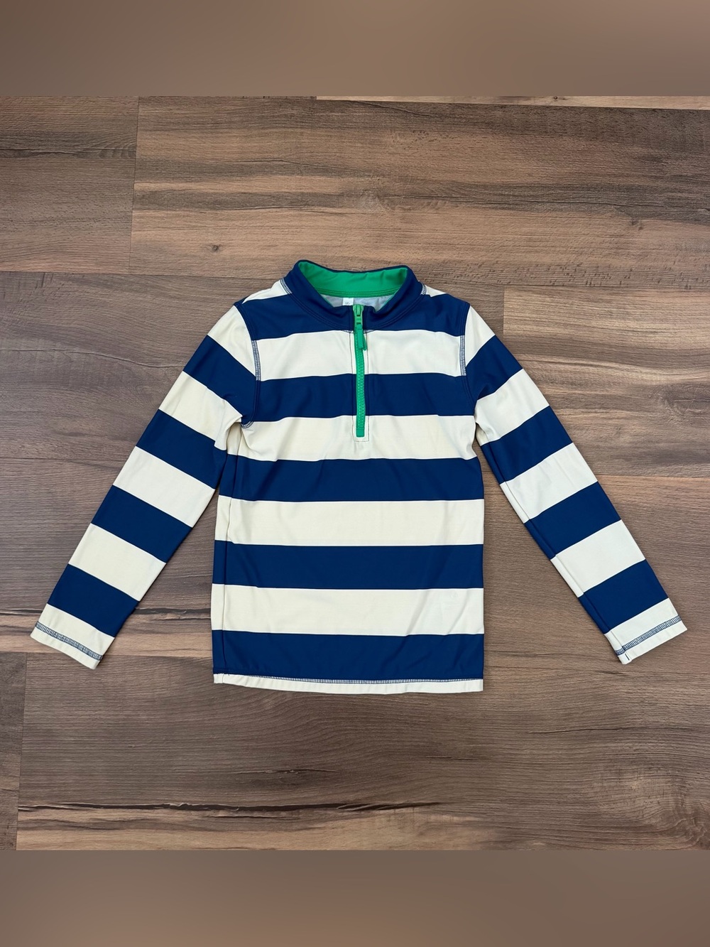 Mini Boden Long Sleeve Striped Zip Rash Guard - Navy/Ivory - Size 7-8 Years